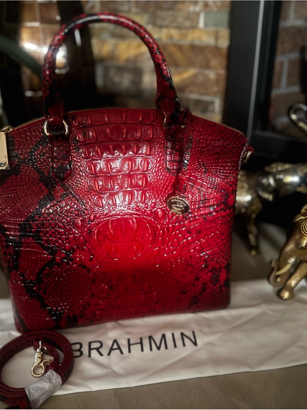 Brahmin Red and Black Croc-Embossed Satchel. Approx: 14.2" W X 12" H X 5" D - Picture 3 of 7